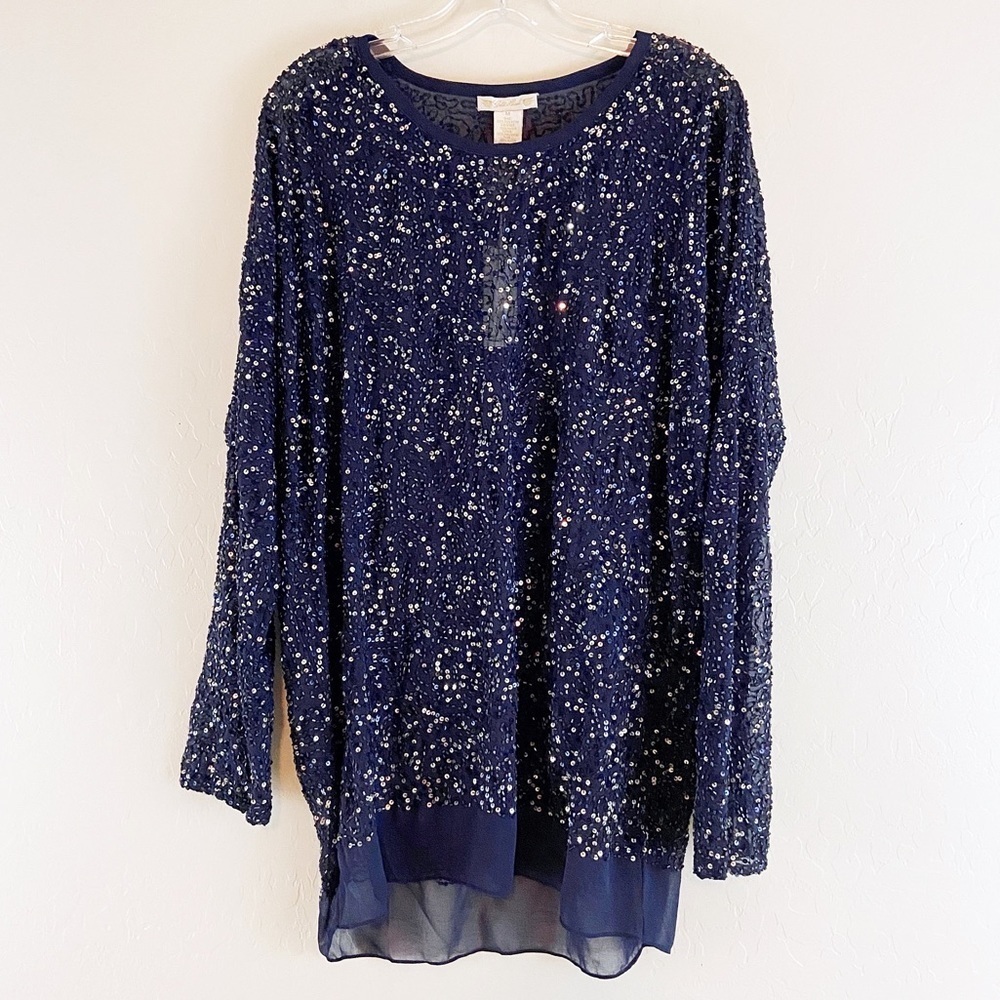 NWT Gold Hawk Sequin Dressy Navy Blue Top Size Medium Party Holiday Fall - Picture 2 of 7
